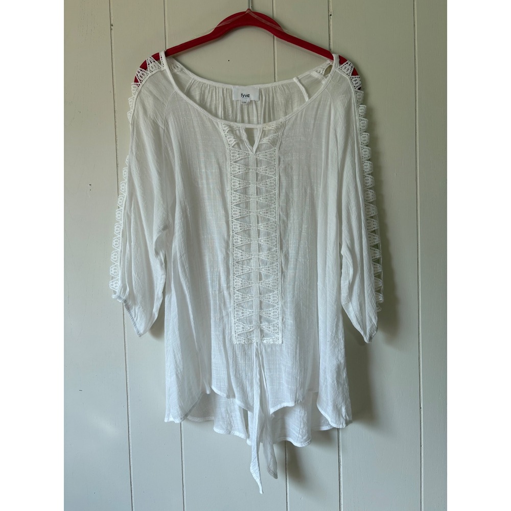 Fyve Crochet Lace Blouse Womens Large White Good Boho Tie Front Top